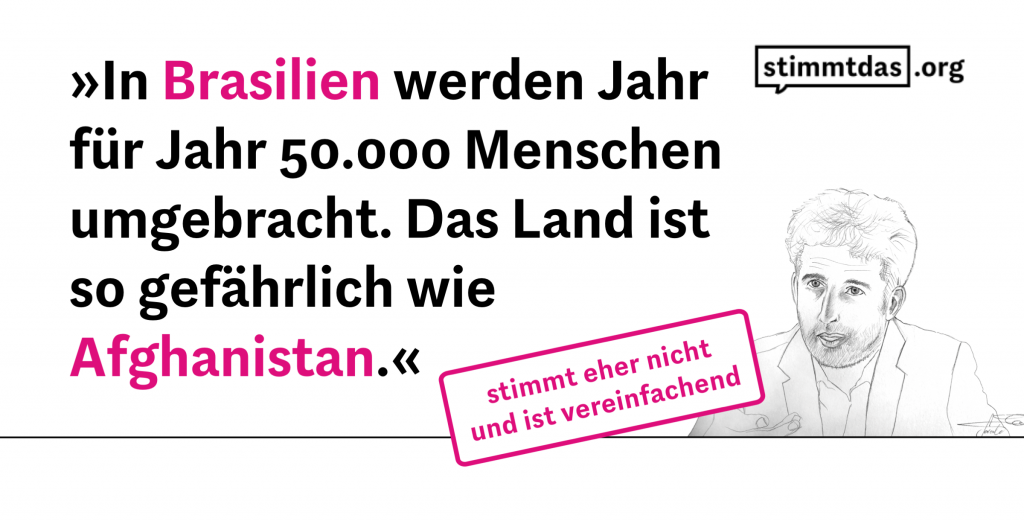 Palmer Flüchtlinge Brasilien Faktencheck Boris Palmer (Grüne) behauptet: Brasilien ist so gefährlich wie Afghanistan, um Abschiebung dorthin zu rechtfertigen. Im Faktencheck von stimmtdas.org bewerten wir diese Aussage mit stimmt eher nicht.